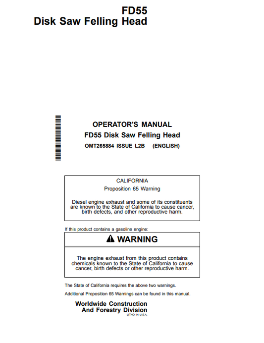 JOHN DEERE FD55 DISK SAW FELLING HEAD OPERATOR MANUAL OMT265884