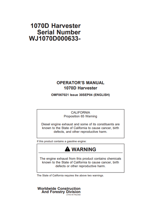 JOHN DEERE 1070D HARVESTER OPERATOR MANUAL OMF067021