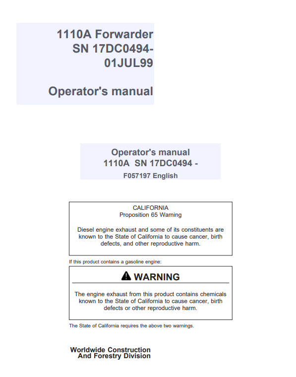 JOHN DEERE 1110A FORWARDER OPERATOR MANUAL F057197