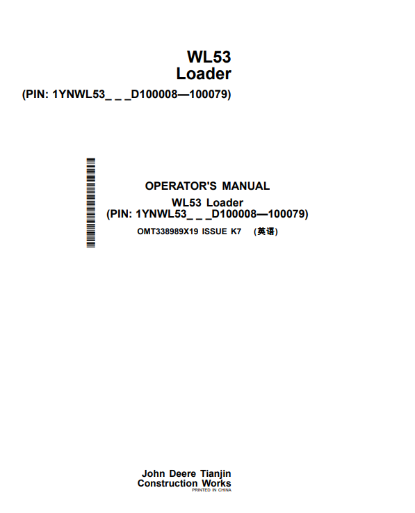 JOHN DEERE WL53 LOADER OPERATOR MANUAL OMT338989X19