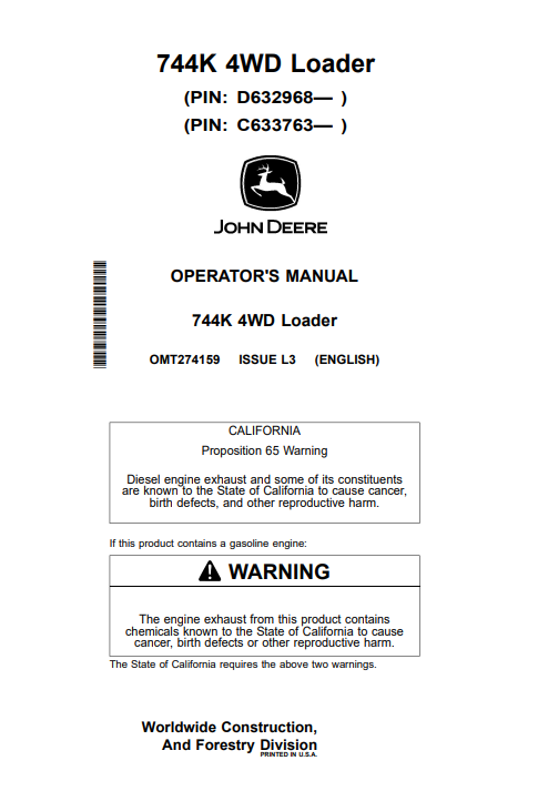 JOHN DEERE 744K 4WD LOADER OPERATOR MANUAL OMT274159