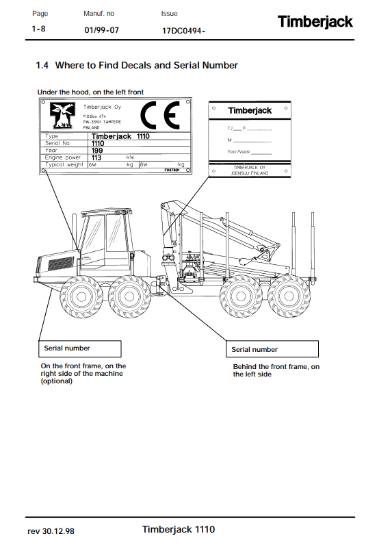 JOHN DEERE 1110A FORWARDER OPERATOR MANUAL F057197