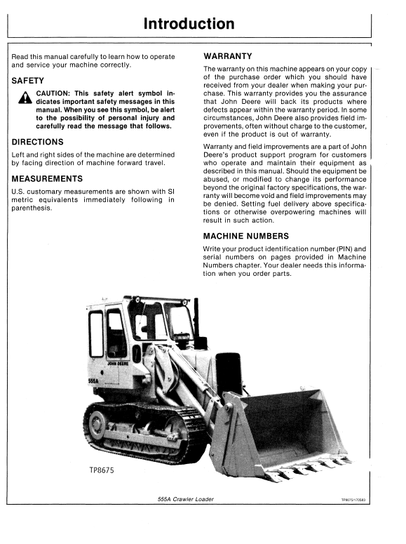 JOHN DEERE 555A CRAWLER LOADER OPERATOR MANUAL OMT75124