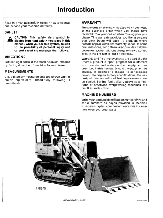 JOHN DEERE 555A CRAWLER LOADER OPERATOR MANUAL OMT75124