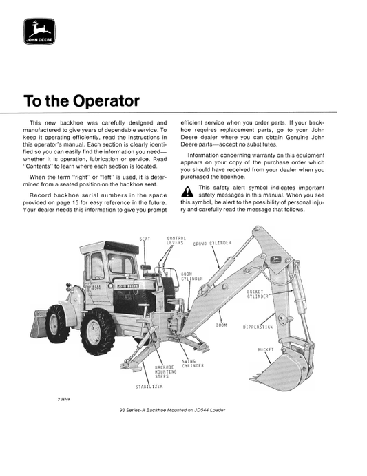 JOHN DEERE 93 SERIES -A BACKH0E FOR JD544 AND JD644 LOADER OPERATOR MANUAL OMT33071