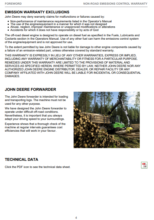 JOHN DEERE 1110G / 1210G / 1510G TIER 2 FIXED CABIN, GEN II CTL FORWARDER OPERATOR INSTRUCTION MANUAL F723260