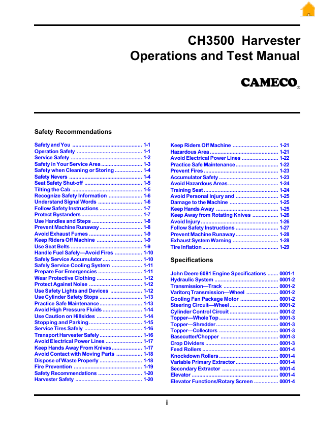 JOHN DEERE CAMECO HARVESTER CH3500 1067 OPERATION & TEST MANUAL