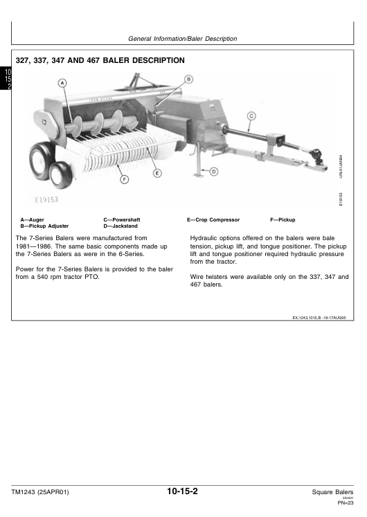 JOHN DEERE 327, 328, 336, 337, 338, 346, 347, 348, 466, 467, 468 SQUARE BALER TECHNICAL MANUAL TM1243