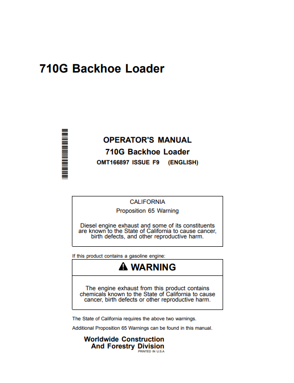 JOHN DEERE 710G BACKHOE LOADER OPERATOR MANUAL OMT166897