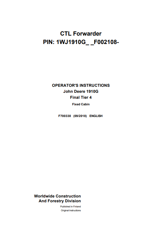 JOHN DEERE 1910G FINAL TIER 4 FIXED CABIN OPERATOR MANUAL F700338