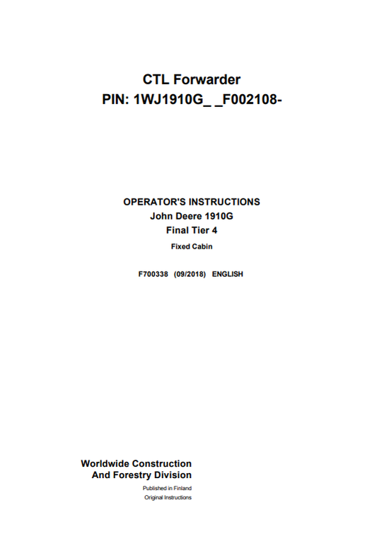 JOHN DEERE 1910G FINAL TIER 4 FIXED CABIN OPERATOR MANUAL F700338