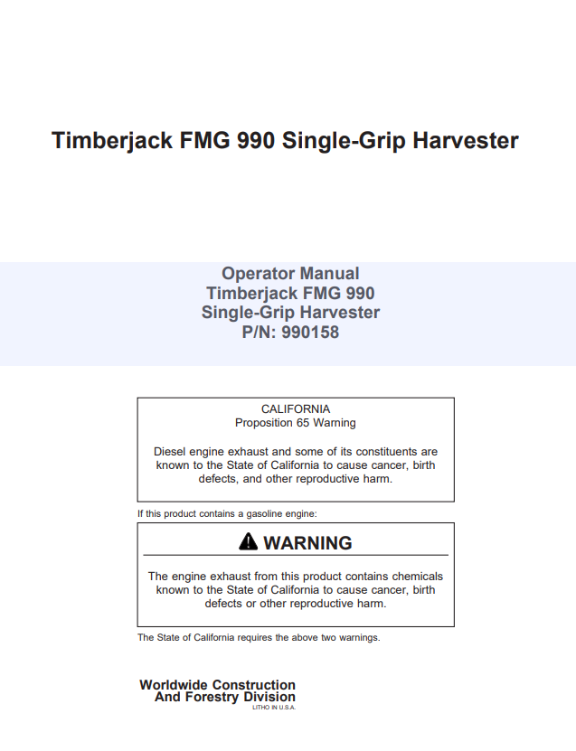 JOHN DEERE TIMBERJACK FMG 990 SINGLE-GRIP HARVESTER OPERATOR MANUAL 9900158