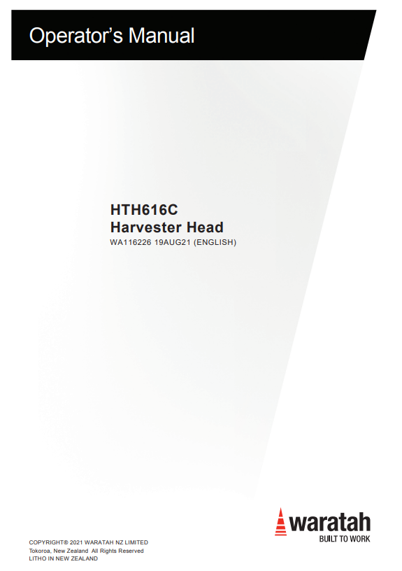 WARATAH HTH616C HARVESTER HEAD OPERATOR MANUAL WA116226