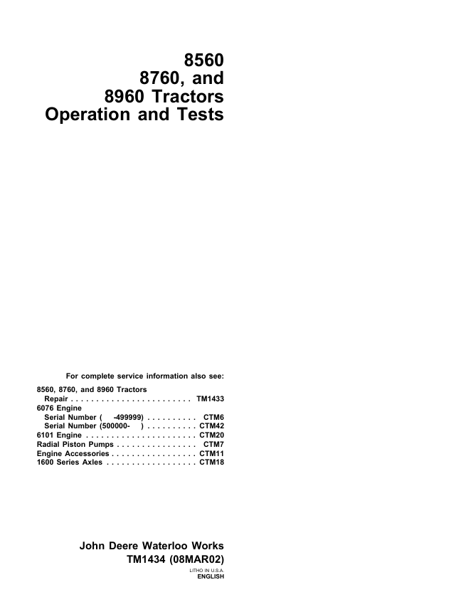 JOHN DEERE 8560, 8760 AND 8960 TRACTOR OPERATION AND TEST MANUAL TM1434