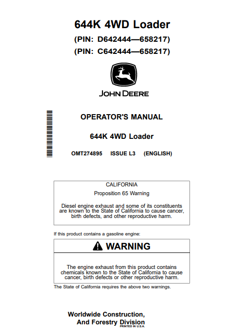 JOHN DEERE 644K 4WD LOADER OPERATOR MANUAL OMT274895