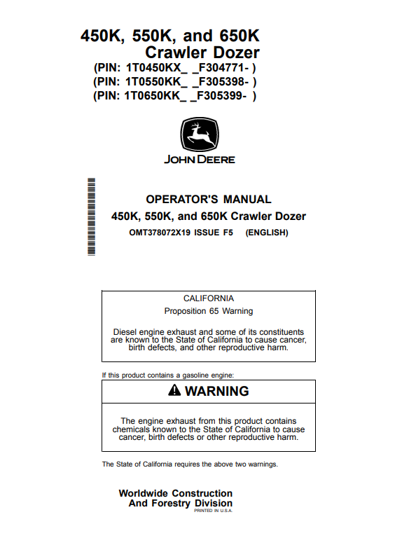 JOHN DEERE 450K, 550K, AND 650K CRAWLER DOZER OPERATOR MANUAL OMT378072X19