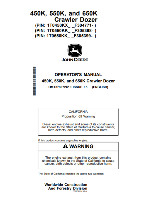 JOHN DEERE 450K, 550K, AND 650K CRAWLER DOZER OPERATOR MANUAL OMT378072X19