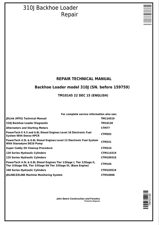 JOHN DEERE 310J BACKHOE LOADER REPAIR TECHNICAL MANUAL TM10145
