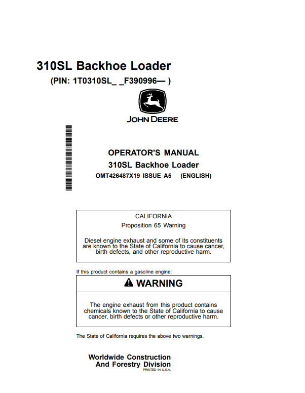 JOHN DEERE 310SL BACKHOE LOADER OPERATOR MANUAL OMT426487X19