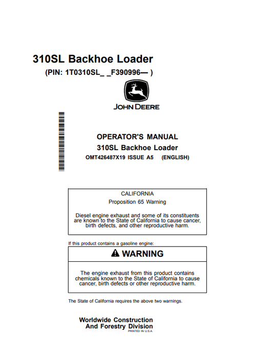 JOHN DEERE 310SL BACKHOE LOADER OPERATOR MANUAL OMT426487X19