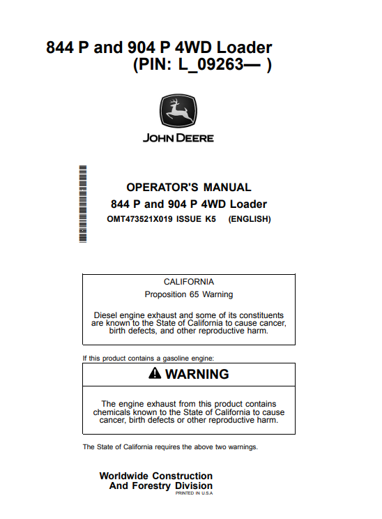JOHN DEERE 844 P AND 904 P 4WD LOADER OPERATOR MANUAL OMT473521X019