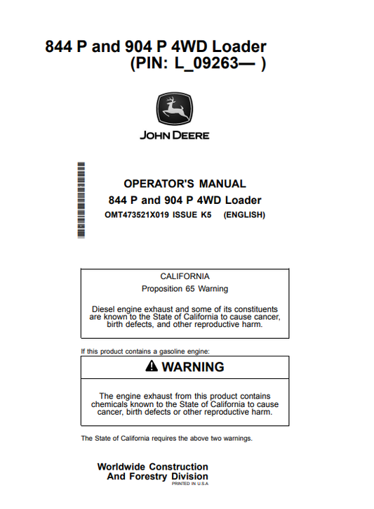 JOHN DEERE 844 P AND 904 P 4WD LOADER OPERATOR MANUAL OMT473521X019