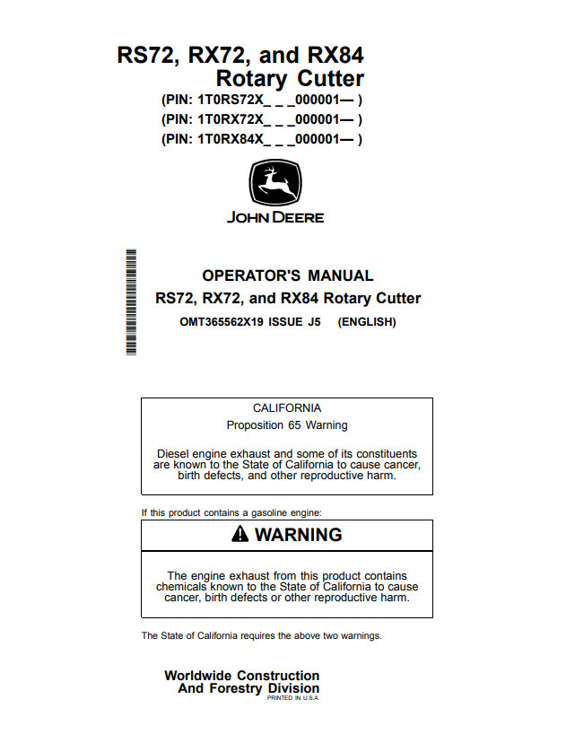 JOHN DEERE RS72, RX72, AND RX84 ROTARY CUTTER OPERATOR MANUAL OMT365562X19