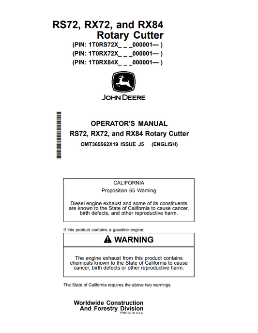 JOHN DEERE RS72, RX72, AND RX84 ROTARY CUTTER OPERATOR MANUAL OMT365562X19