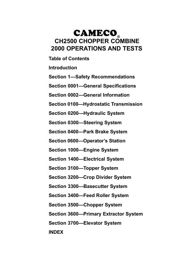 JOHN DEERE CAMECO CHOPPPER COMBINE CH2500, 2000, 1018 OPERATION & TEST MANUAL