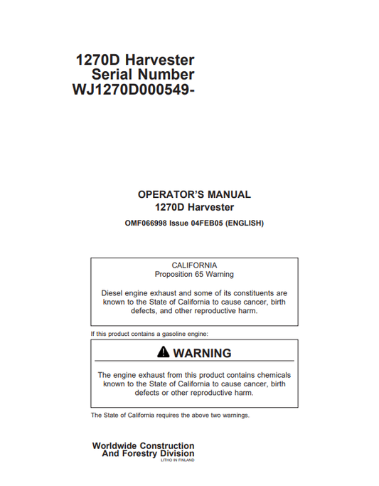JOHN DEERE 1270D HARVESTER OPERATOR MANUAL OMF066998