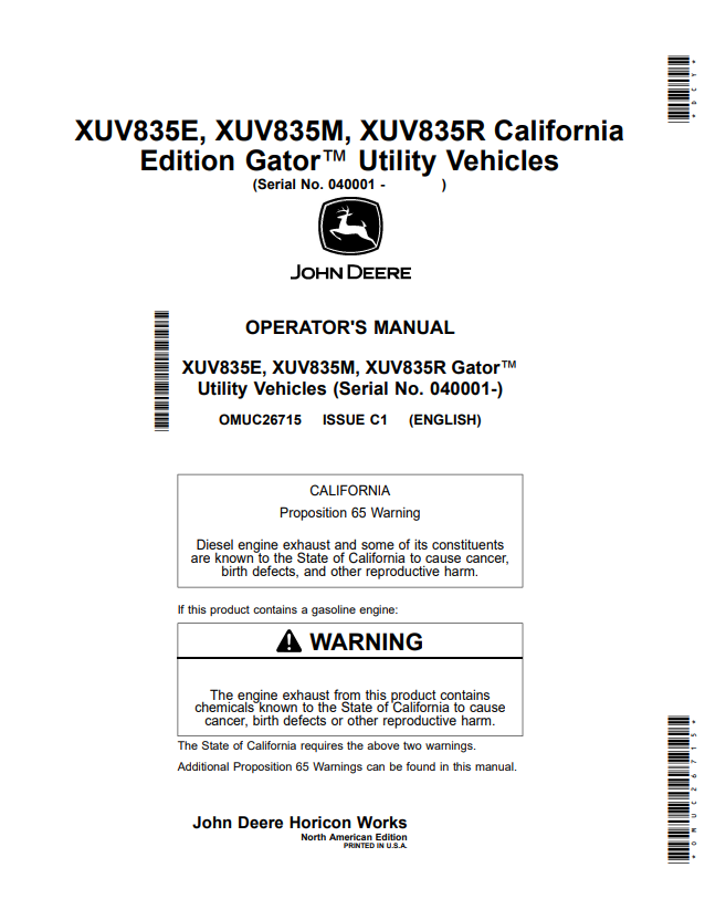 JOHN DEERE XUV835E, XUV835M, XUV835R CALIFORNIA EDITION GATOR™ UTILITY VEHICLES OPERATOR MANUAL OMUC26715