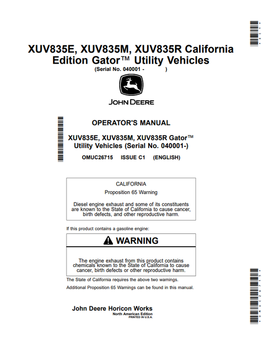 JOHN DEERE XUV835E, XUV835M, XUV835R CALIFORNIA EDITION GATOR™ UTILITY VEHICLES OPERATOR MANUAL OMUC26715