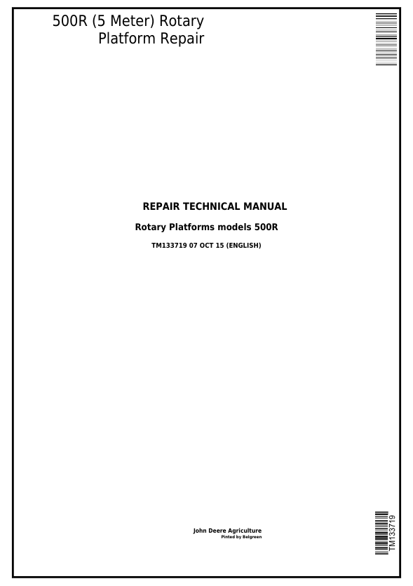 JOHN DEERE 500R 5 METER ROTARY PLATFORM REPAIR TECHNICAL MANUAL TM133719