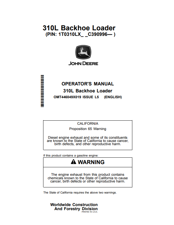 JOHN DEERE 310L BACKHOE LOADER OPERATOR MANUAL OMT446049X019