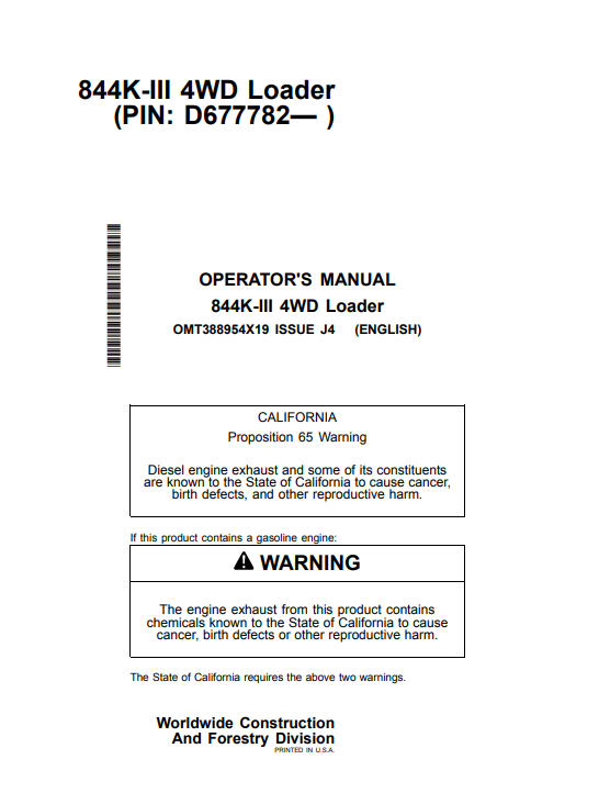 JOHN DEERE 844K-III 4WD LOADER OPERATOR MANUAL OMT388954X19