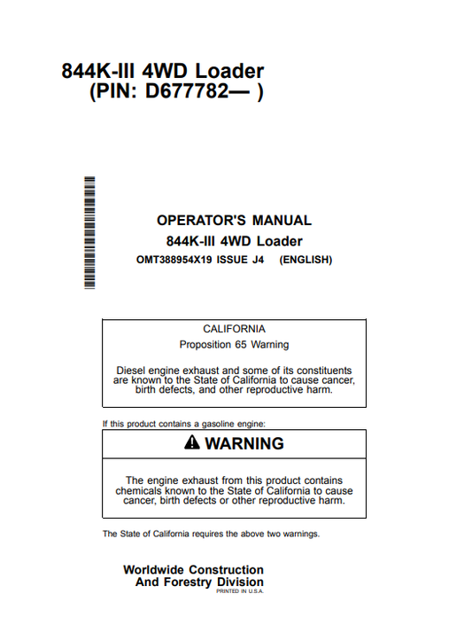 JOHN DEERE 844K-III 4WD LOADER OPERATOR MANUAL OMT388954X19