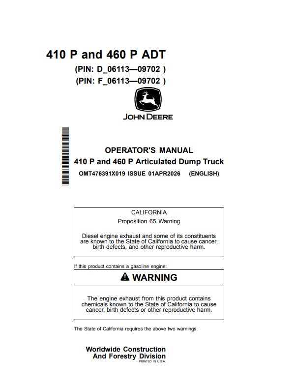 JOHN DEERE 410 P AND 460 P ARTICULATED DUMP TRUCK OPERATOR MANUAL OMT476391X019