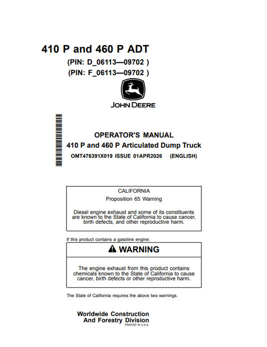 JOHN DEERE 410 P AND 460 P ARTICULATED DUMP TRUCK OPERATOR MANUAL OMT476391X019