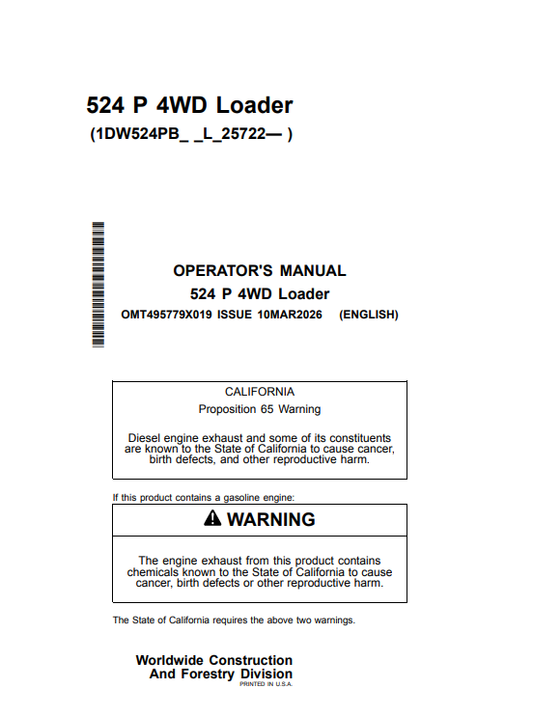 JOHN DEERE 524 P 4WD LOADER OPERATOR MANUAL OMT495779X019
