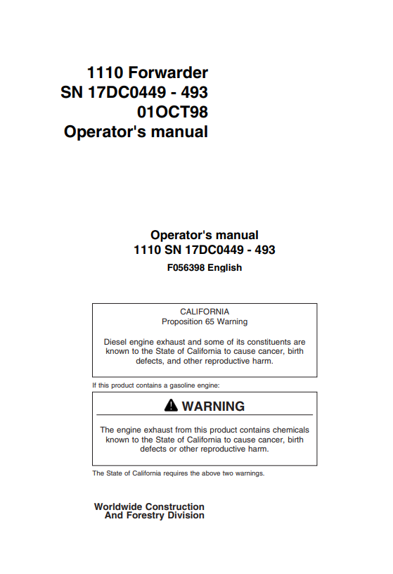 JOHN DEERE 1110 FORWARDER OPERATOR MANUAL F056398