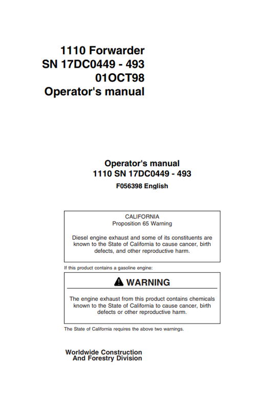 JOHN DEERE 1110 FORWARDER OPERATOR MANUAL F056398