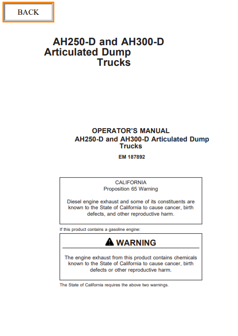 HITACHI AH250-D, AH300-D ARTICULATED DUMP TRUCK OPERATOR MANUAL EM187892