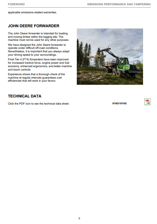 JOHN DEERE 910G / 1010G FINAL TIER 4 ROTATING & LEVELING CABIN CTL FORWARDER OPERATOR INSTRUCTION MANUAL F723138