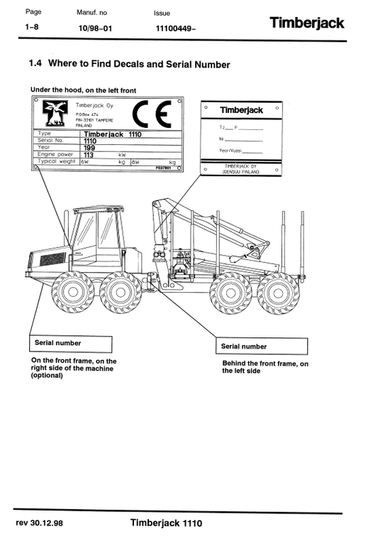 JOHN DEERE 1110 FORWARDER OPERATOR MANUAL F056398