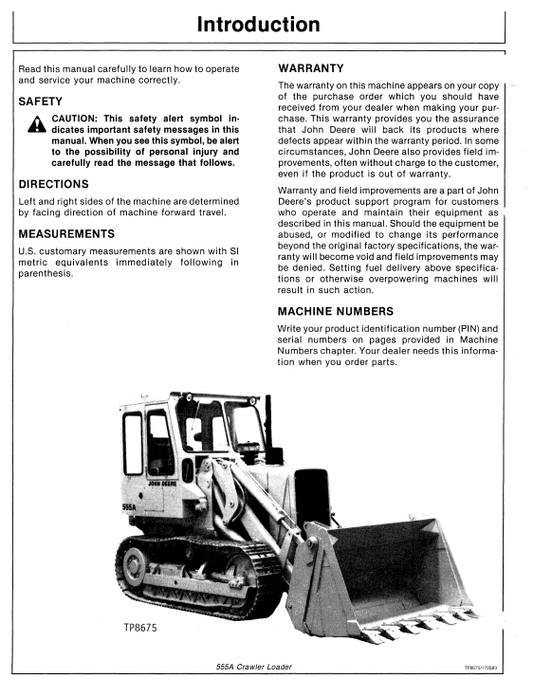 JOHN DEERE 555A CRAWLER LOADER OPERATOR MANUAL OMT75124