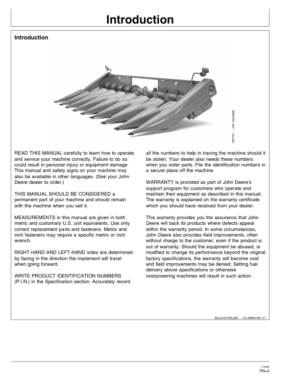 JOHN DEERE 90 SERIES CORN HEAD OPERATORS MANUAL OMH175278