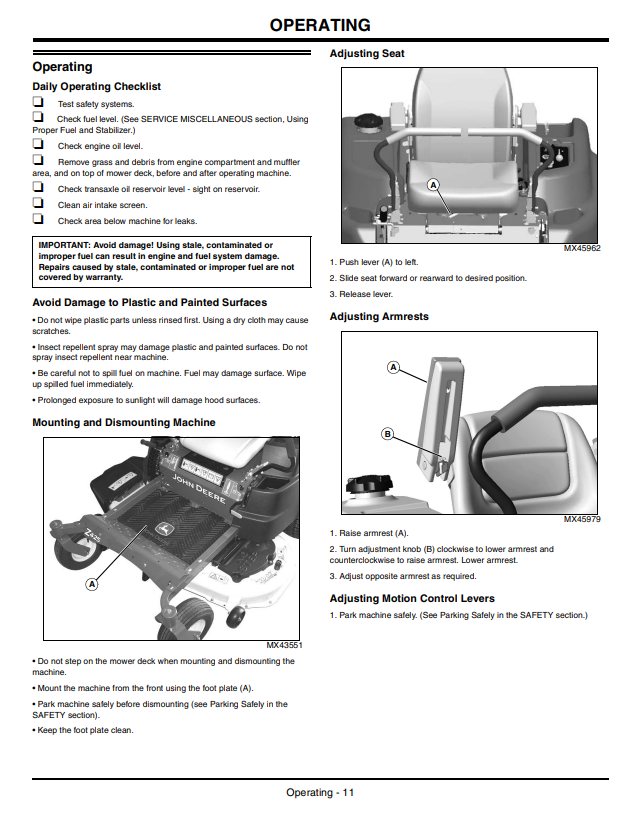 JOHN DEERE Z425 EZTRAK OPERATOR MANUAL OMM162964