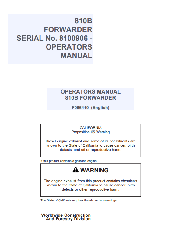 JOHN DEERE 810B FORWARDER OPERATOR MANUAL F056410