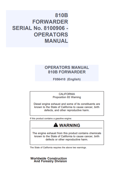 JOHN DEERE 810B FORWARDER OPERATOR MANUAL F056410