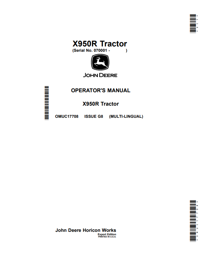 JOHN DEERE X950R TRACTOR OPERATOR MANUAL OMUC17708
